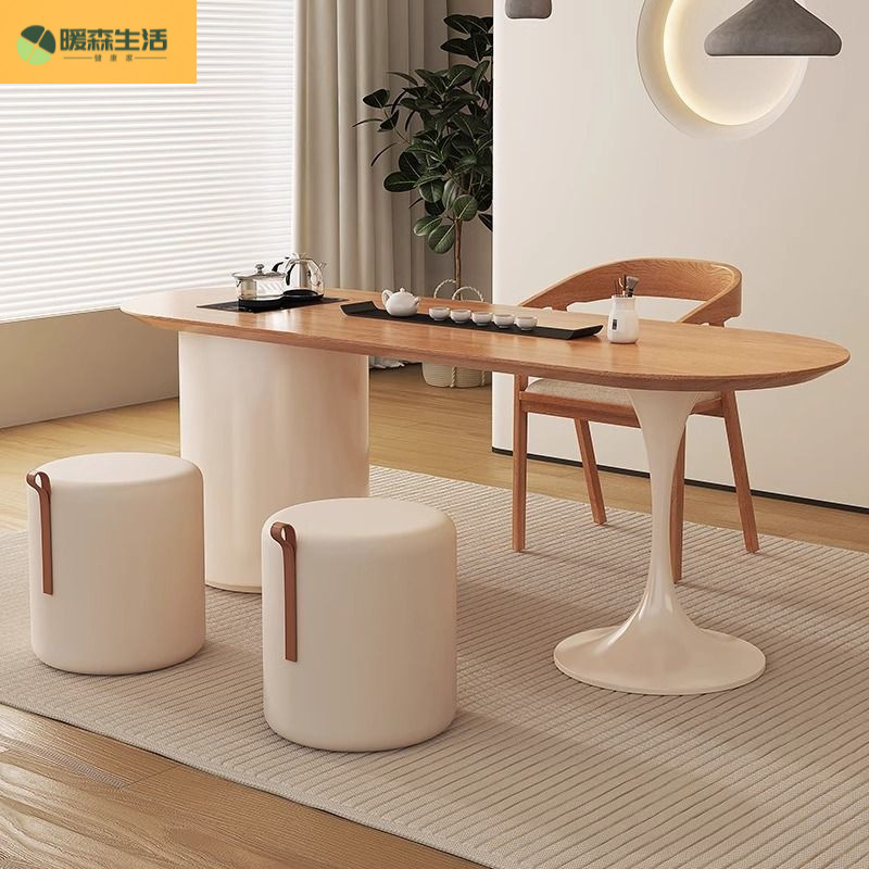 侘寂风茶桌椅组合大小户型奶油风实木泡茶桌烧水壶一体小型茶台