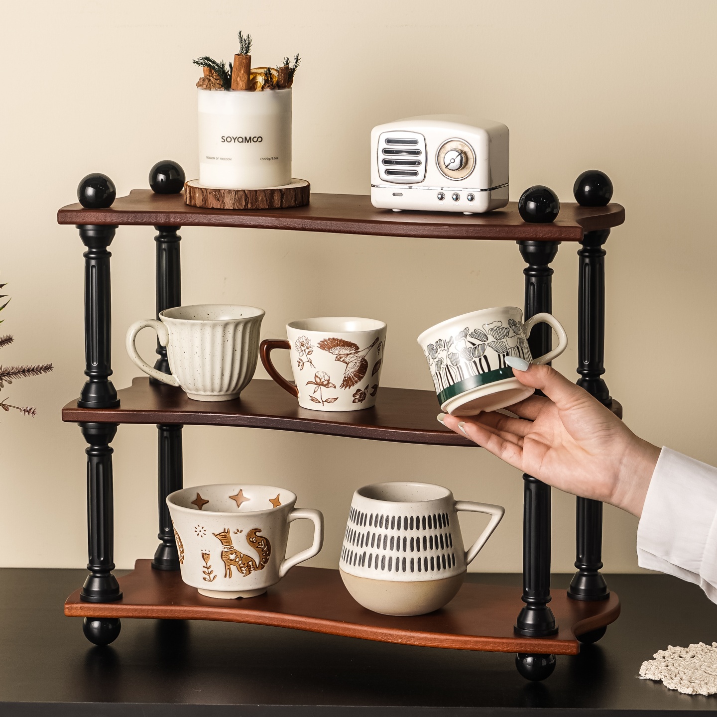 中古风桌面杯子收纳层架水杯杯子咖啡杯茶杯置物架高级感实木展示