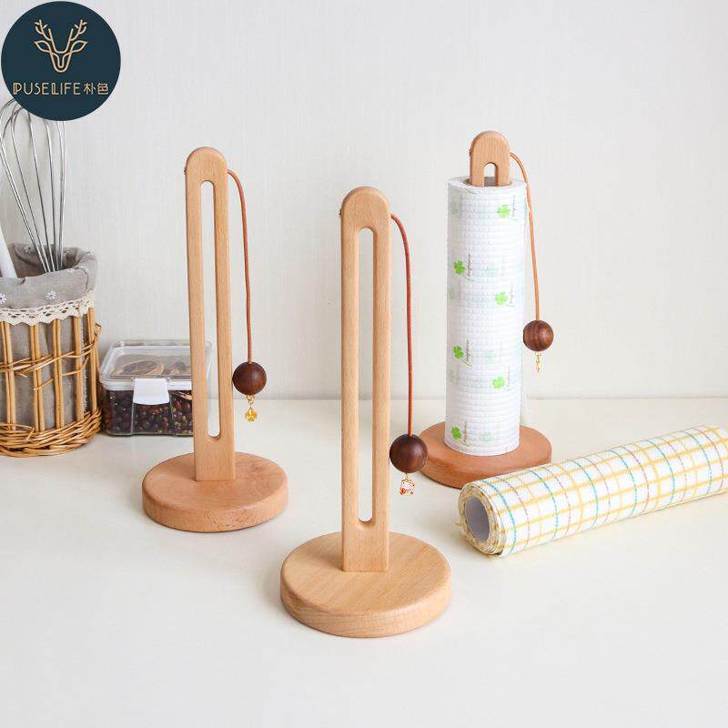 厨房纸巾架榉木卷纸挂架木质立式免打孔保鲜膜懒人抹布置物收纳架
