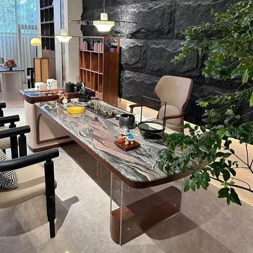 新中式实木茶桌轻奢现代压克力悬浮茶台黑胡桃木办公室茶室泡茶桌