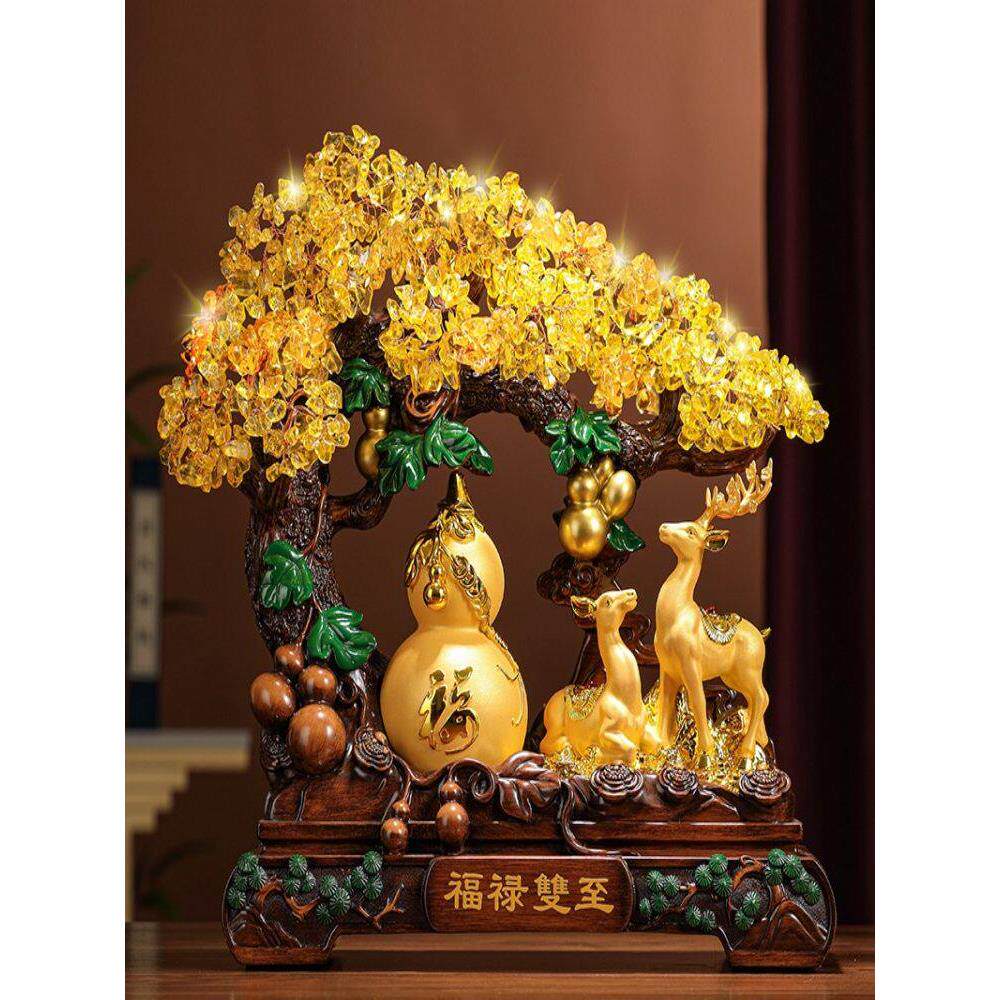 福禄双至葫芦摆件福鹿招财黄水晶发财树摆设品乔迁开业礼品