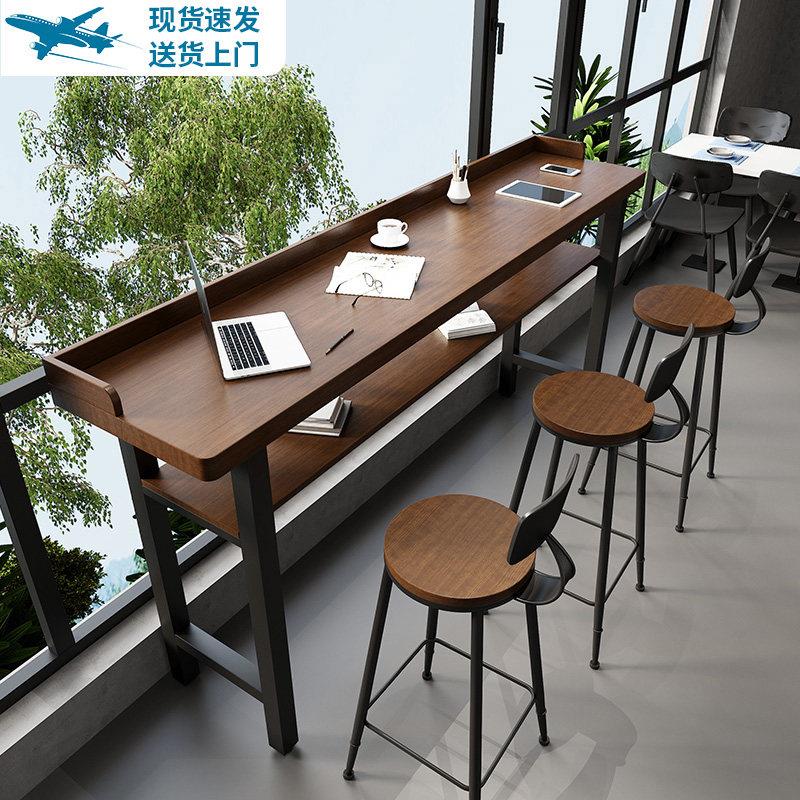 定制实木吧台桌双层家用阳台靠窗高脚桌椅凳简约现代靠墙长条桌子