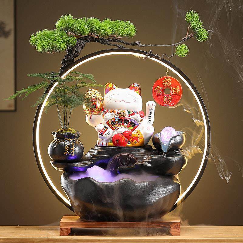 流水摆件循环水客厅招财猫自动招手桌面电视柜办公室生财开 业礼