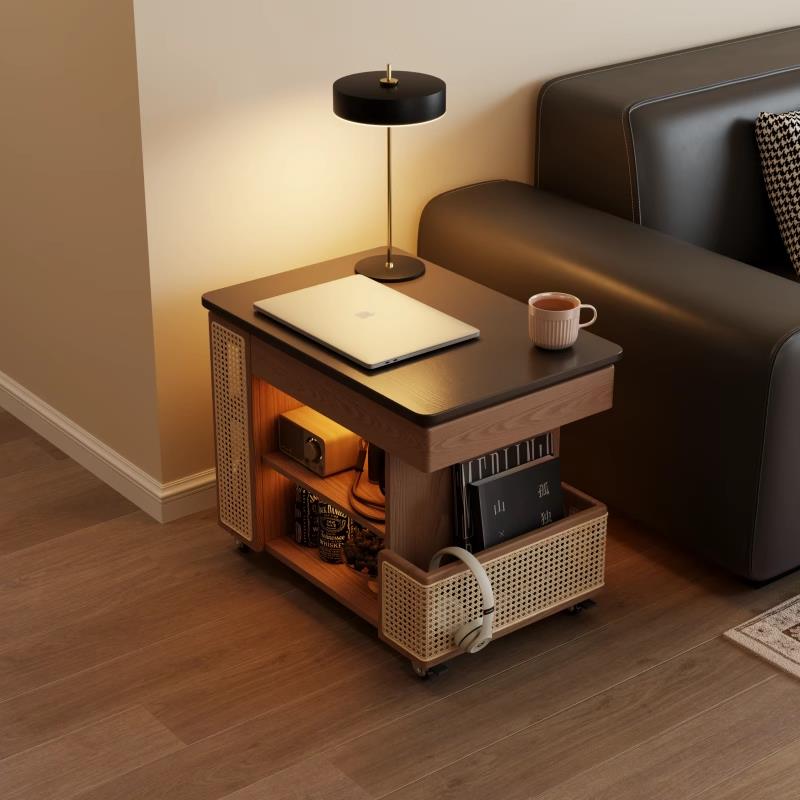 实木可移动边几家用客厅沙发边柜侧边柜多功能升降茶几中古小推车