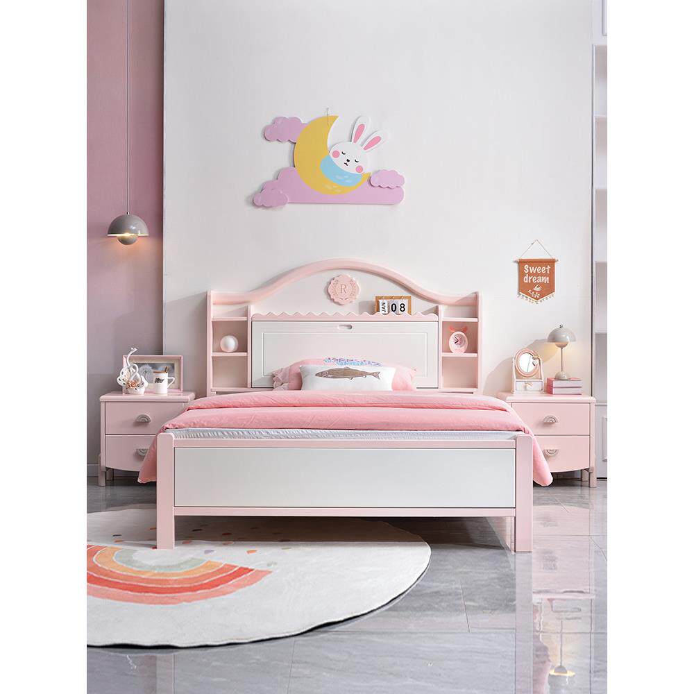 实木儿童床女孩粉色1.35米单人床1.2男孩1.5m公主床青少年储物床