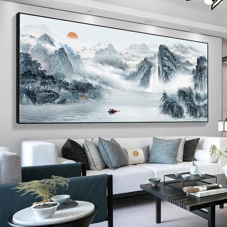 新中式山水画客厅挂画背景墙装饰画中堂壁画风景画国画办公室字画