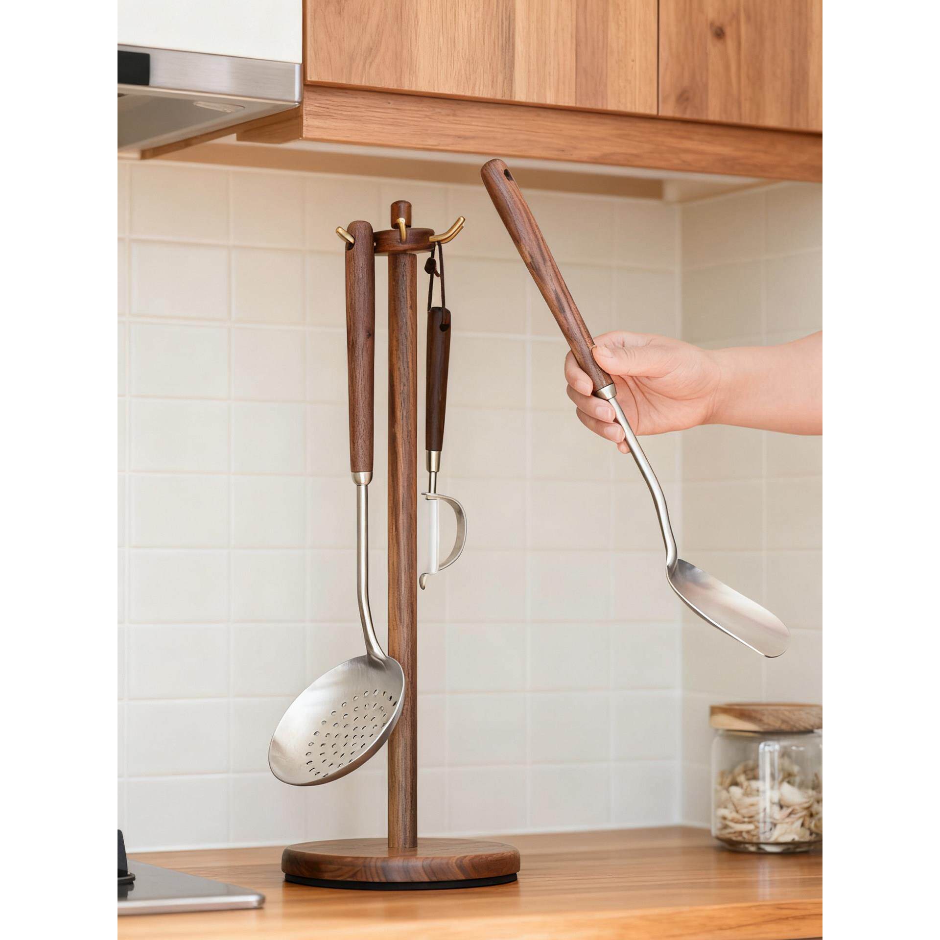 锅铲置物架厨房台面挂铲子勺子挂钩架旋转锅铲架黑胡桃木厨具收纳
