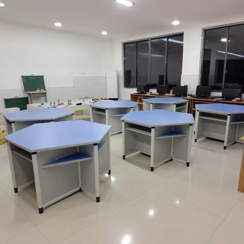 科学自然实验桌学生六边形铝木钢制电脑桌实验桌子微机室培训课桌