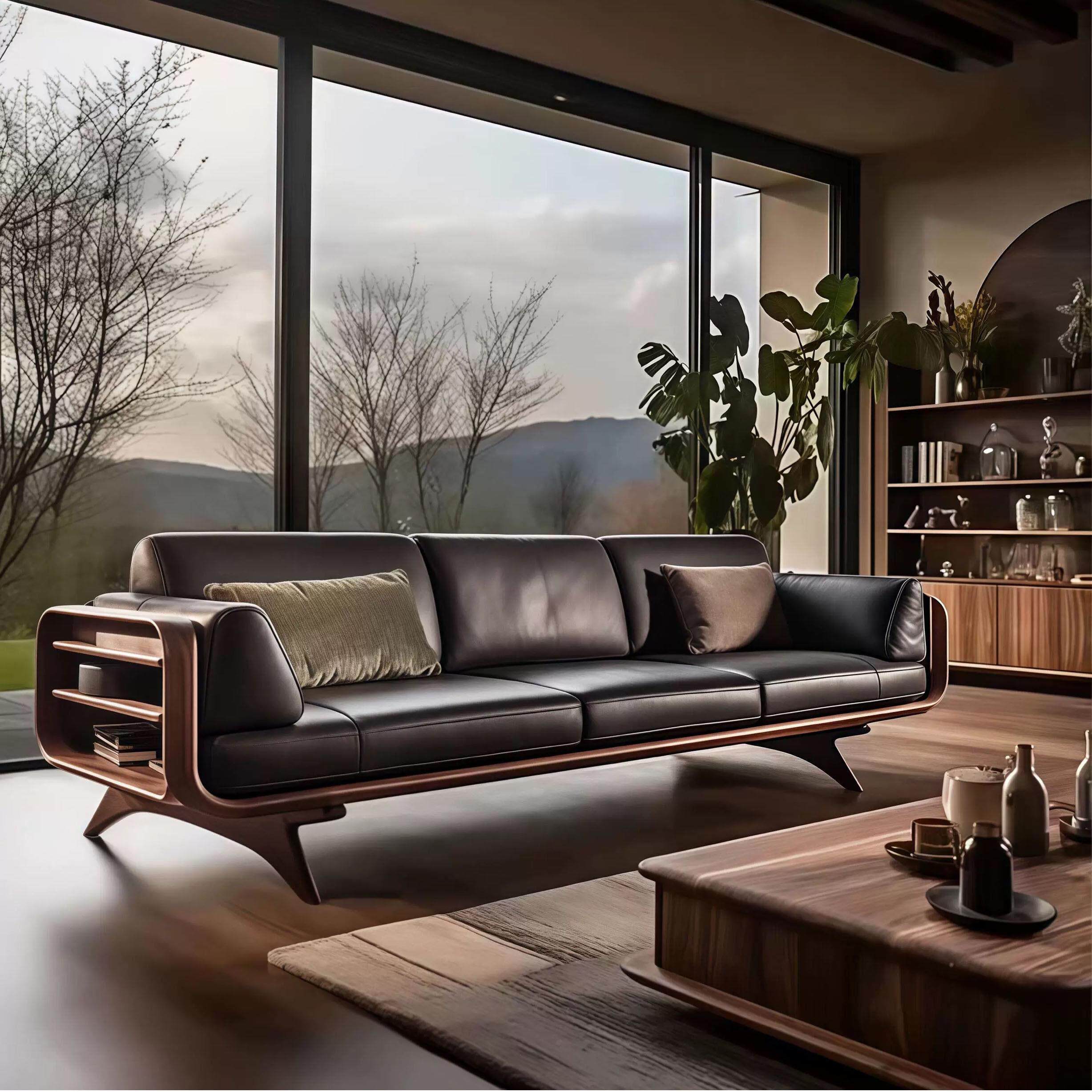 新中式黑胡桃沙发真皮艺术三座实木中世纪简约风格意大利斯堪的纳