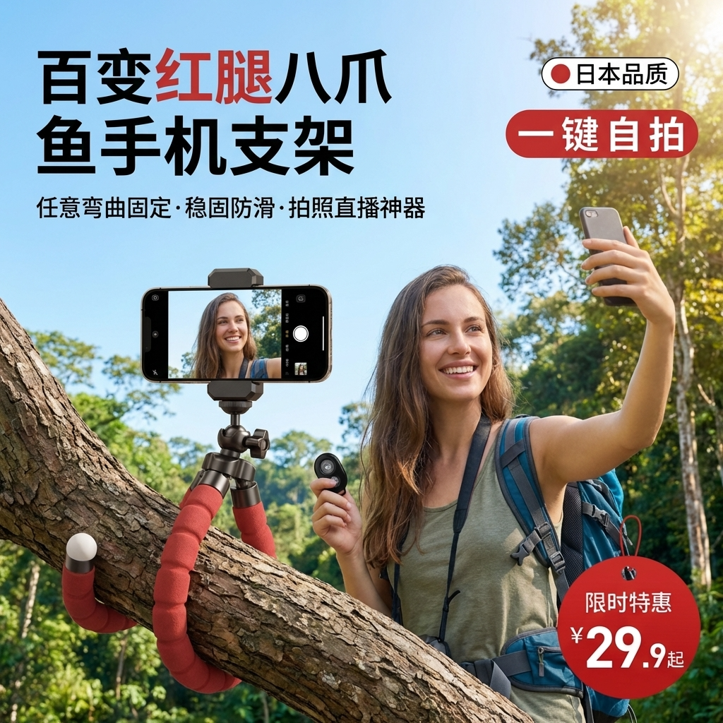 自拍神器一个人旅行新款便携蓝牙遥控自拍神器八爪鱼手机拍摄支架多功能三脚架自拍杆桌面网红拍照户外直播