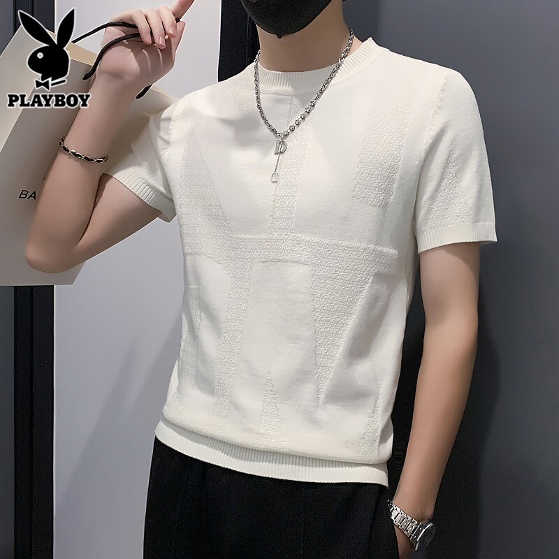 花花公子白色针织短袖t恤男士夏季潮流高级感提花半袖打底上衣男T