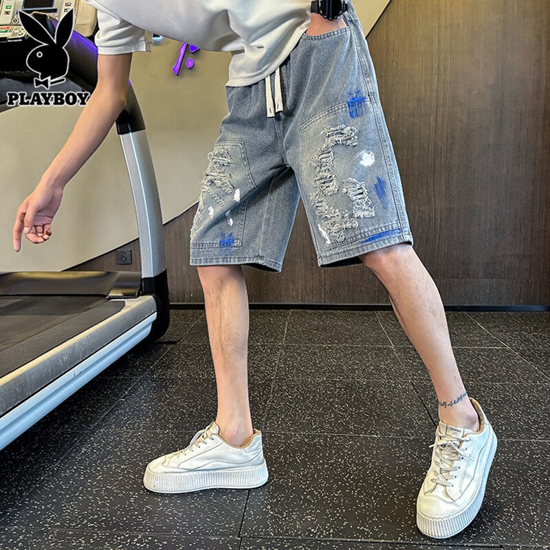 花花公子破洞牛仔短裤男士夏季潮流涂鸦痞帅宽松直筒五分裤子男生