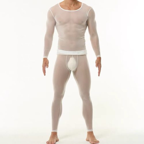 男士超薄冰丝款内衣透明性感紧身打底套装透肉健身运动肌底