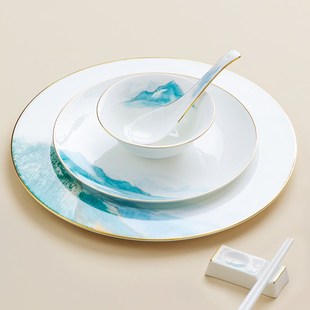 中式金边骨碟水墨山水骨瓷摆台餐具酒店餐厅包厢会所盘子碗勺定制
