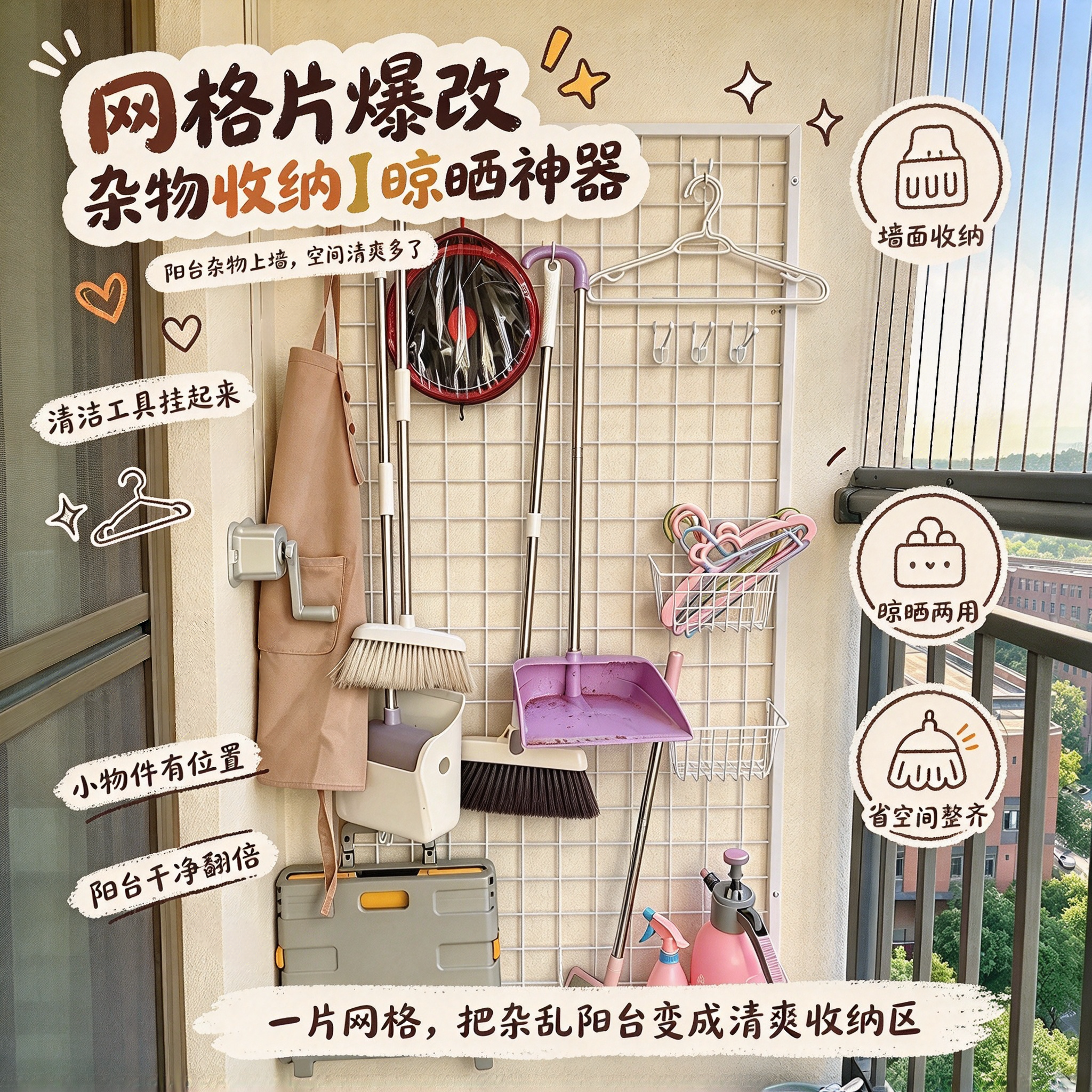 铁艺网格片爆改免打孔壁挂置物网一物两用低成本杂物收纳晾晒神器