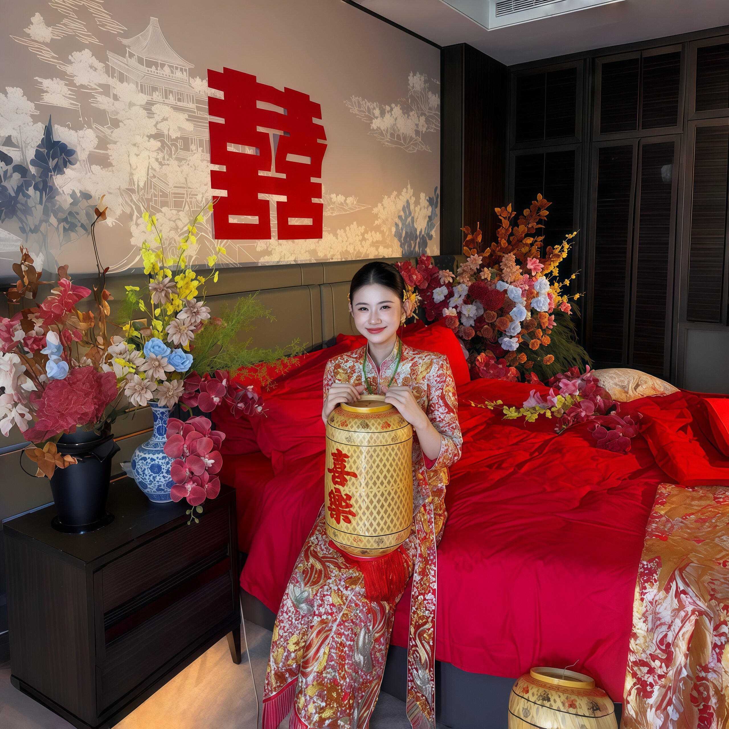 新中式喜樂竹编灯笼秀禾晨袍拍照道具油纸灯笼婚房氛围感装饰挂件