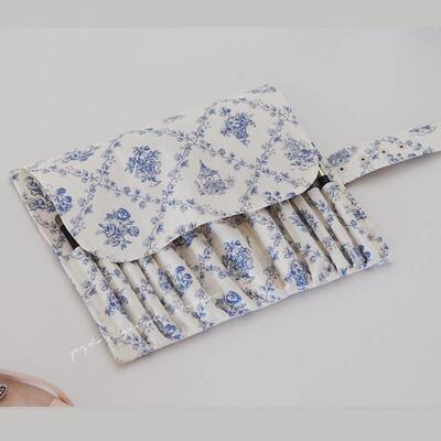 野栀原创美妆刷包手工法式覆古浪漫蓝色印花旅游可携式化妆刷收纳