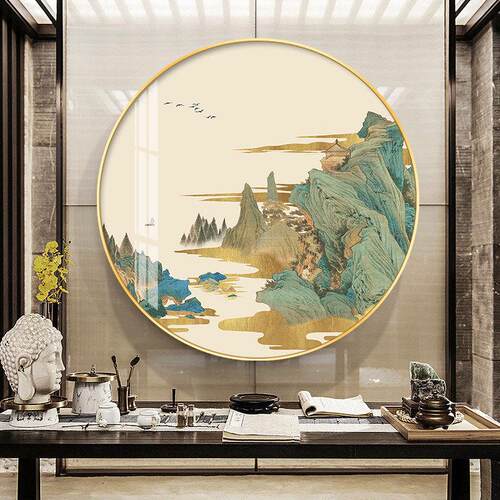 新中式千里江山图入户玄关装饰画走廊尽头山水圆形壁画背景墙挂画