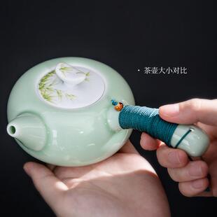 小茶壶带过滤家用简约手柄功夫泡茶壶 陶瓷侧把壶手绘荷花单壶中式