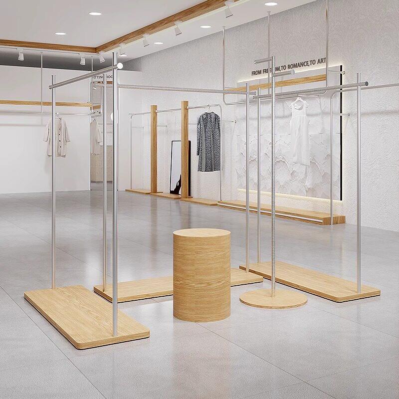 服装店展示架落地式不锈钢原木色挂衣服架女装店专用中岛陈列货架