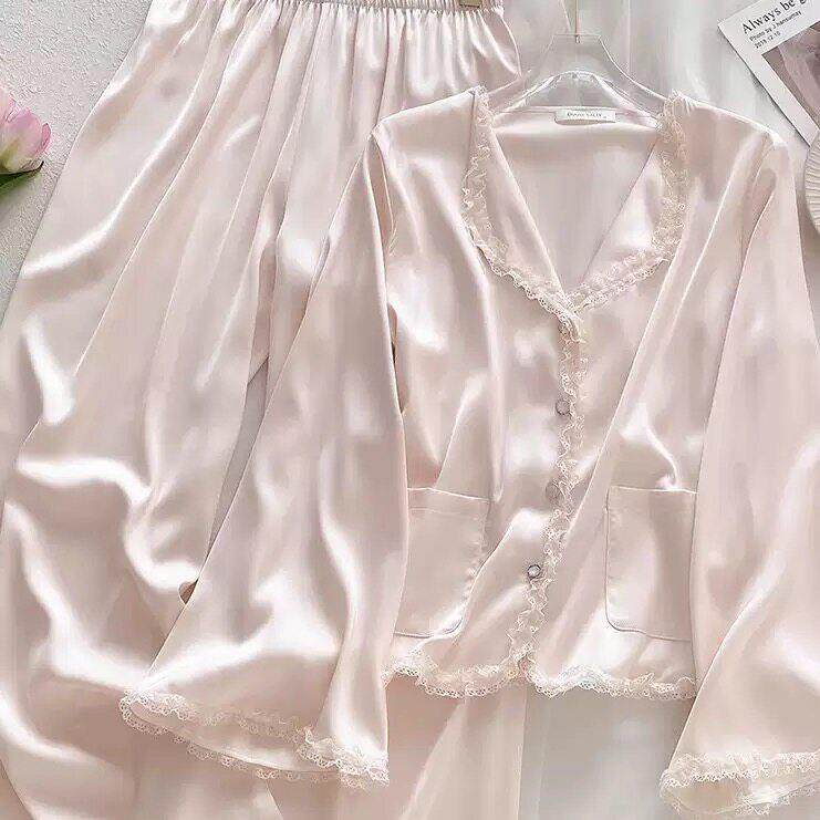 真丝睡衣女春秋法式宫廷风长袖甜美公主简约家居服冰丝绸套装夏季
