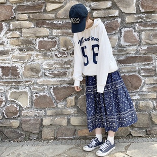 *处理 青花瓷碎花 松紧腰 长裙