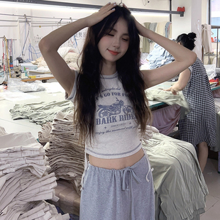 *摩托车 抽绳 圆领 弹力紧身 小短款 短袖T恤