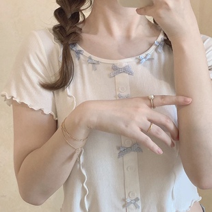 *处理 百搭蝴蝶结 露背 可爱少女 修身小短款 长袖T恤