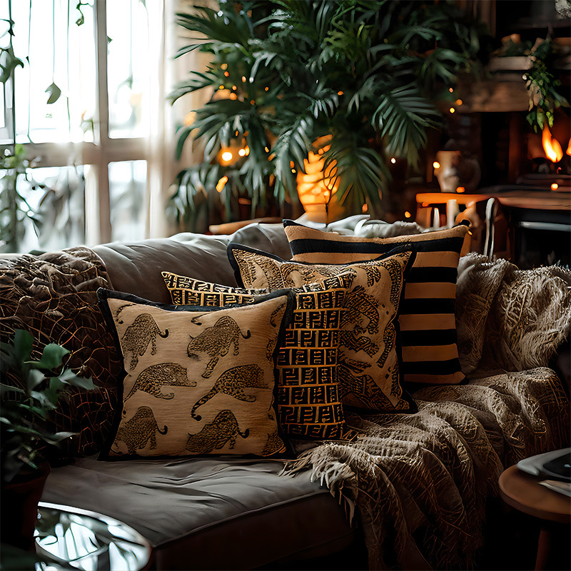 现代简约复古豹子提花抱枕床头靠枕中古风民宿沙发靠垫抱枕套