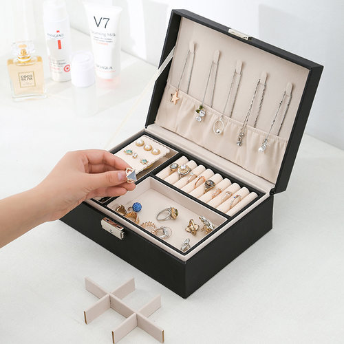 PU leather jewelry box double-layer wooden jewelry box