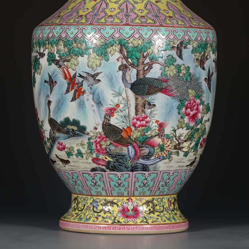 清干隆瓷器粉彩描金百鸟朝凤双耳瓶古董古玩明清老瓷器旧货收藏