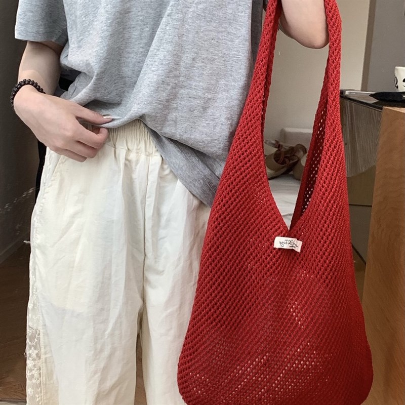 2025夏季新款慵懒风红色编织包大容量百搭通勤单肩托特包斜挎包女