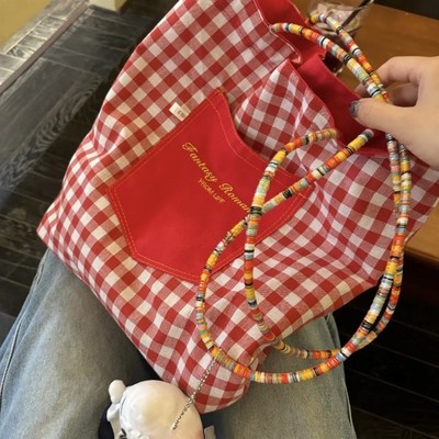 小众复古红色格子帆布包大容量韩系慵懒风百搭双面手提单肩腋下包