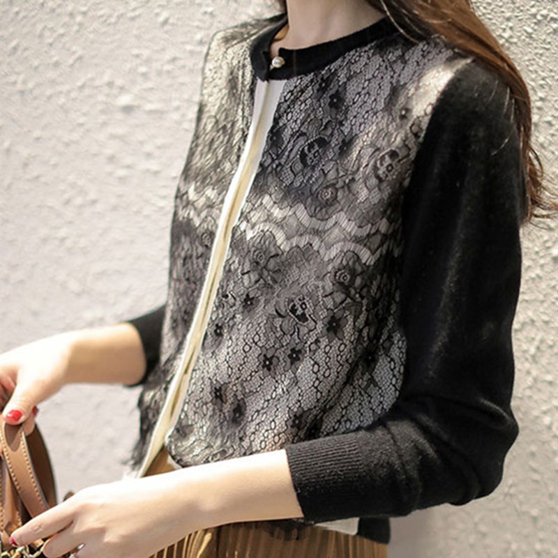 香港TIMO灰色针织开衫女薄款春秋外套修身长袖高级感镂空蕾丝上衣