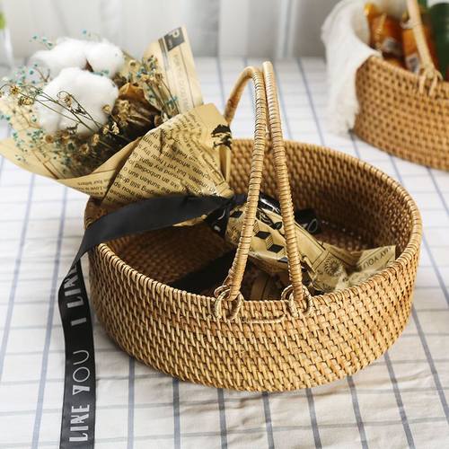 日式藤编手提野餐篮编织手提篮家用水果蔬菜收纳筐复古椭圆面包篮