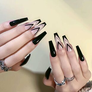 极速24pcs Press on Nails Pun Blac White Patchwor Fire Patter