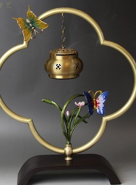全铜蝴蝶双飞音乐香炉摆件室内禅意铜烤鸭炉家居办公室铜工艺品摆
