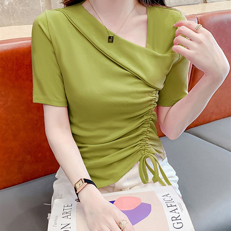香港TIMO不规则v领短袖T恤女夏季设计感小众别致鱼骨收腰短款上衣