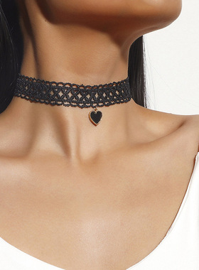 Sexy Black Lace Necklace Goth Double Layers Love Heart