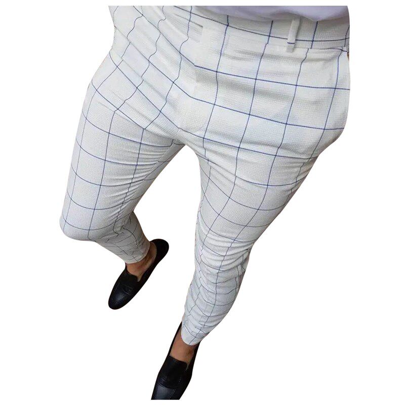 Mens Casual Plaid Pants Skinny Pencil Pants Zipper Elastic