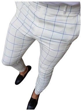 Mens Casual Plaid Pants Skinny Pencil Pants Zipper Elastic