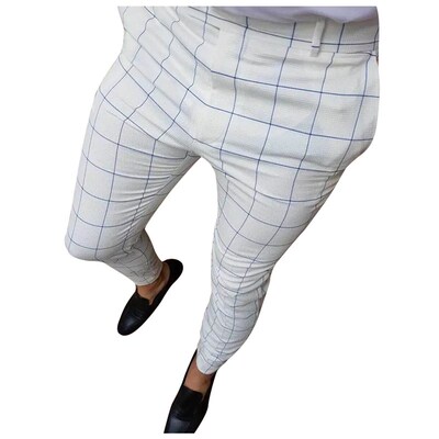 Mens Casual Plaid Pants Skinny Pencil Pants Zipper Elastic