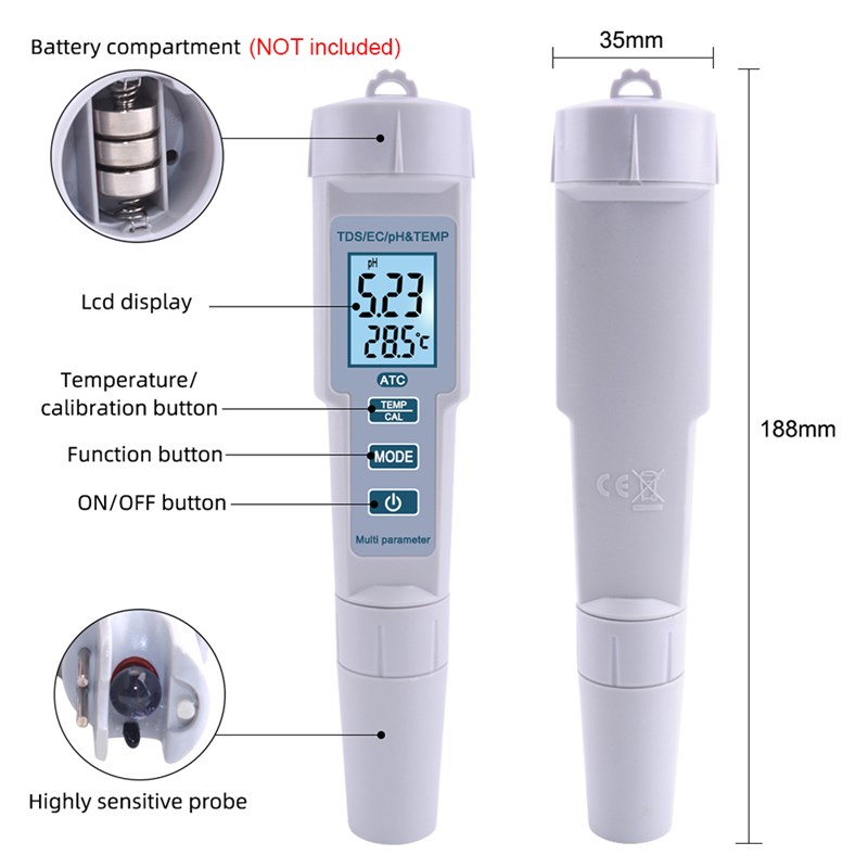 4 in 1 PH/EC/TDS/Temp Meter Water Quality Test Meter High Ac