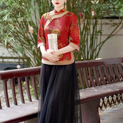 极速红色唐装中国风汉服斜襟盘扣旗袍上衣改良版女时尚新中式禅意
