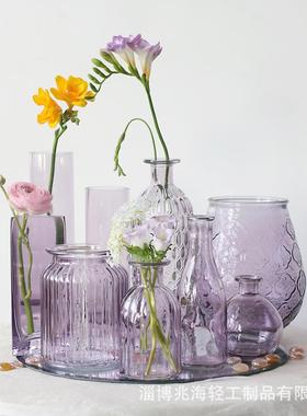 法式浪漫紫色三角形浮雕玻璃花瓶小清新民宿软装复古轻奢水培花器