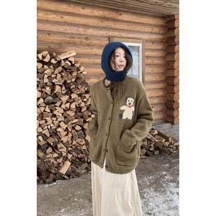 HelloooEat 日系复古小熊提花毛衣外套秋冬宽松百搭单排扣开衫女