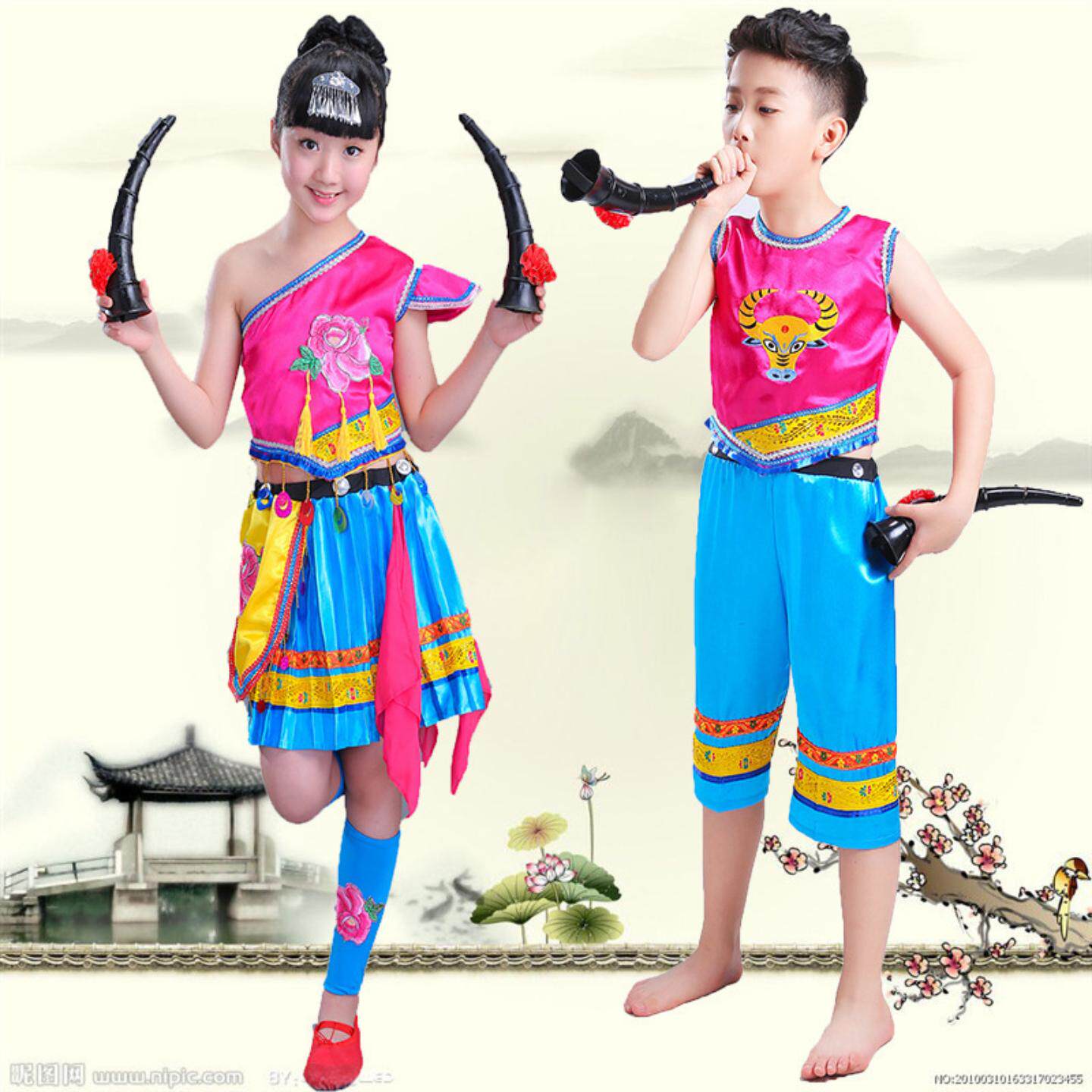 儿童小荷风采牛角尖尖演出服民族舞蹈服苗族黎族男女童元旦表演服