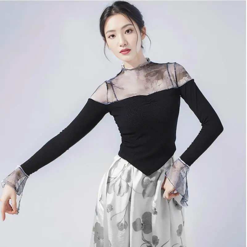 古典舞服装女修身飘逸练功服荷叶边中水墨拼接纱衣上衣成人夏现货