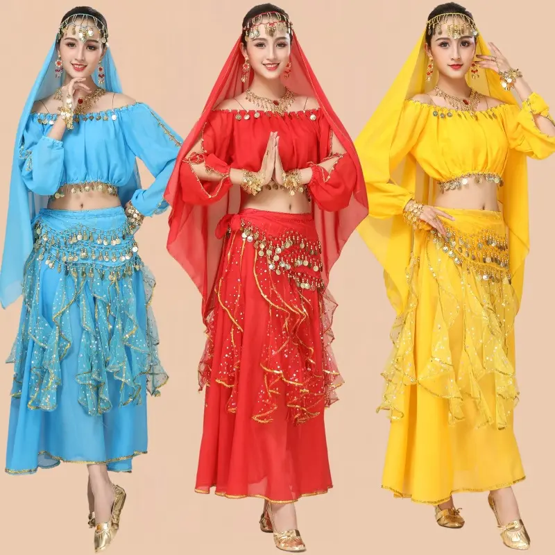 印度舞蹈服装新款舞蹈表演肚皮舞新疆舞民族舞成人女长袖裙子套装