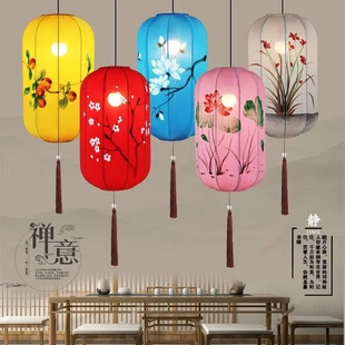 吊灯餐厅火锅店中古风灯饭店创意复古手绘布艺灯笼手工艺 新中式